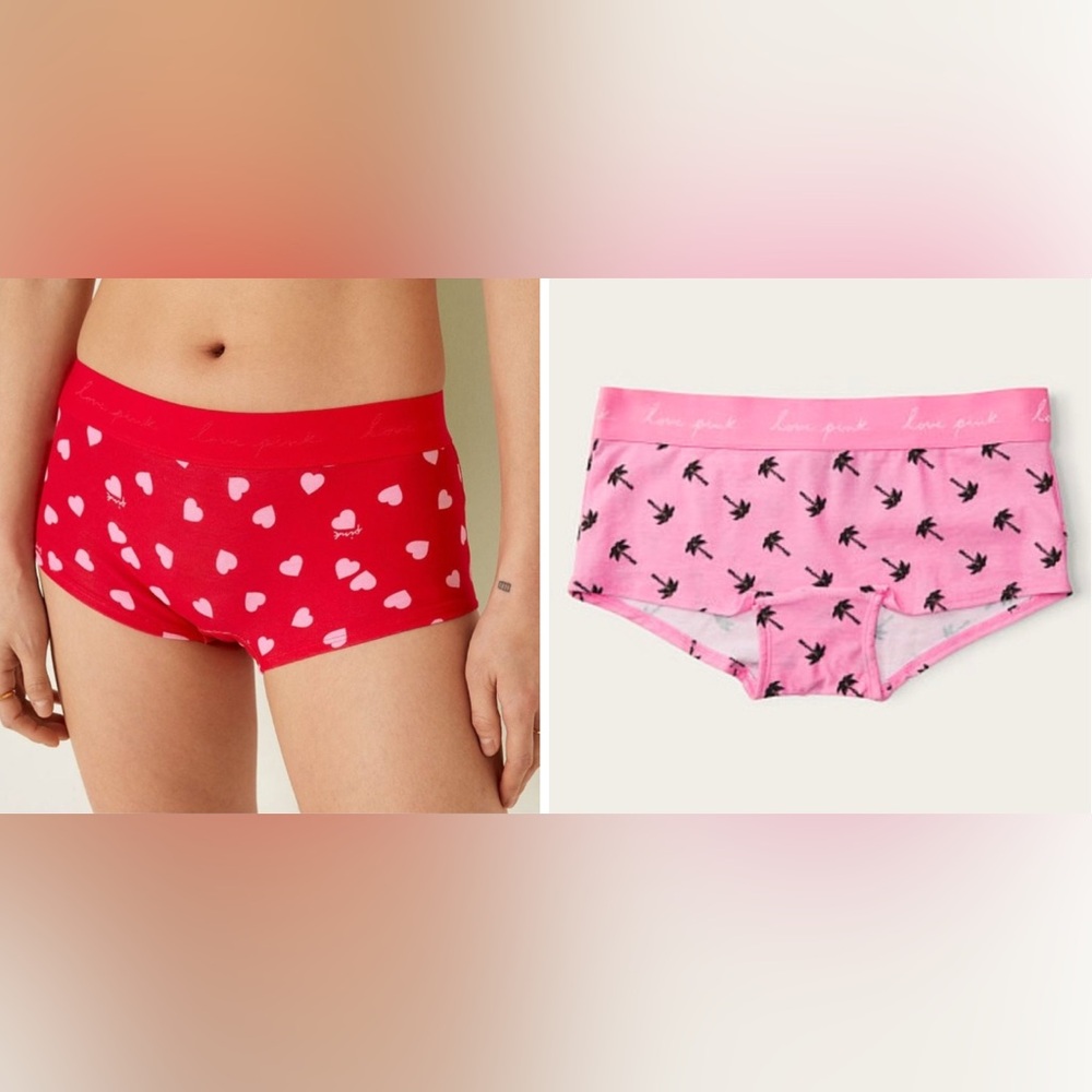 2 Victoria’s Secret PINK Boyshort bundle cotton Pink panties palm heart graphic